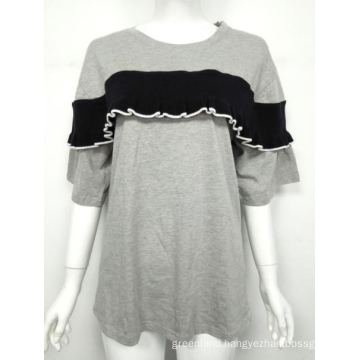 Grey mid-sleeve ruffle design leisure wear t-shirt